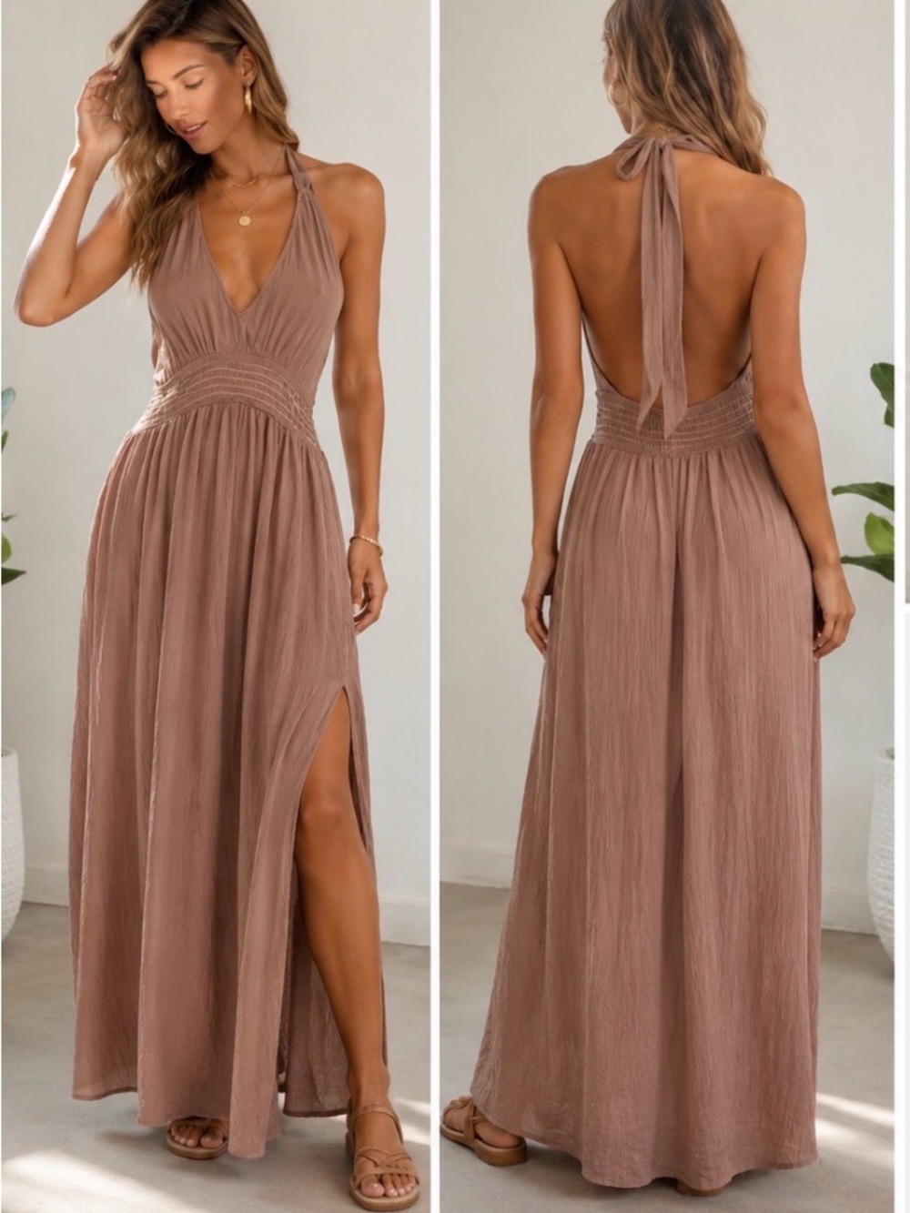 Halter Maxi Dress in Taupe